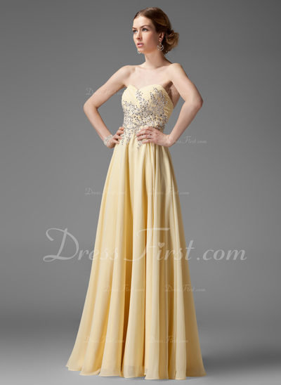 A-Line/Princess Sweetheart Floor-Length Chiffon Prom Dress With Ruffle Beading (018004901)