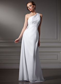 Sheath/Column One-Shoulder Sweep Train Chiffon Wedding Dress With Ruffle Beadwork (002011746)