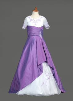 A-Line/Princess Scoop Neck Sweep Train Taffeta Organza Flower Girl Dress With Embroidered Ruffle Sash Beading Sequins