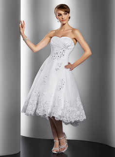 A-Line/Princess Sweetheart Tea-Length Taffeta Organza Wedding Dress With Ruffle Lace Beadwork Sequins (002014769)
