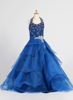 A-Line/Princess Halter Floor-Length Organza Flower Girl Dress With Ruffle Beading Sequins