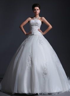 Ball-Gown Strapless Court Train Organza Satin Wedding Dress With Lace Beadwork (002017382)
